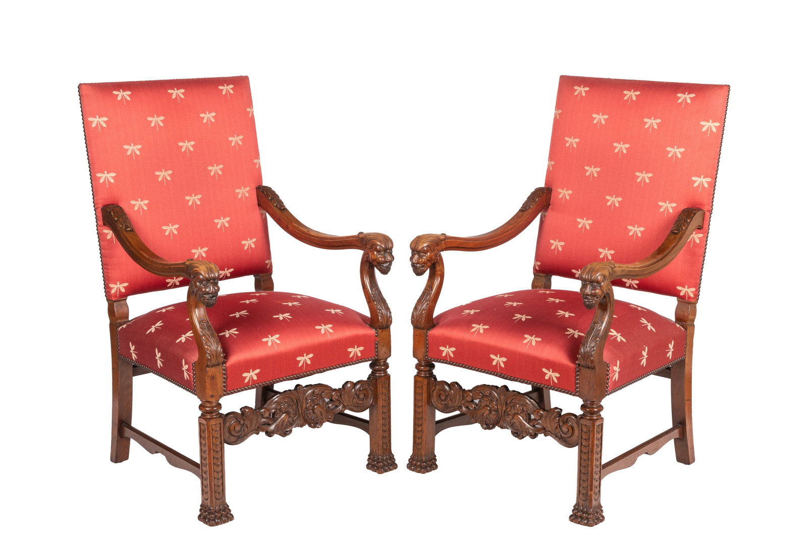 PAIR OF UPHOLSTERED WALNUT FRAMED ARMCHAIRS (1 of 4)