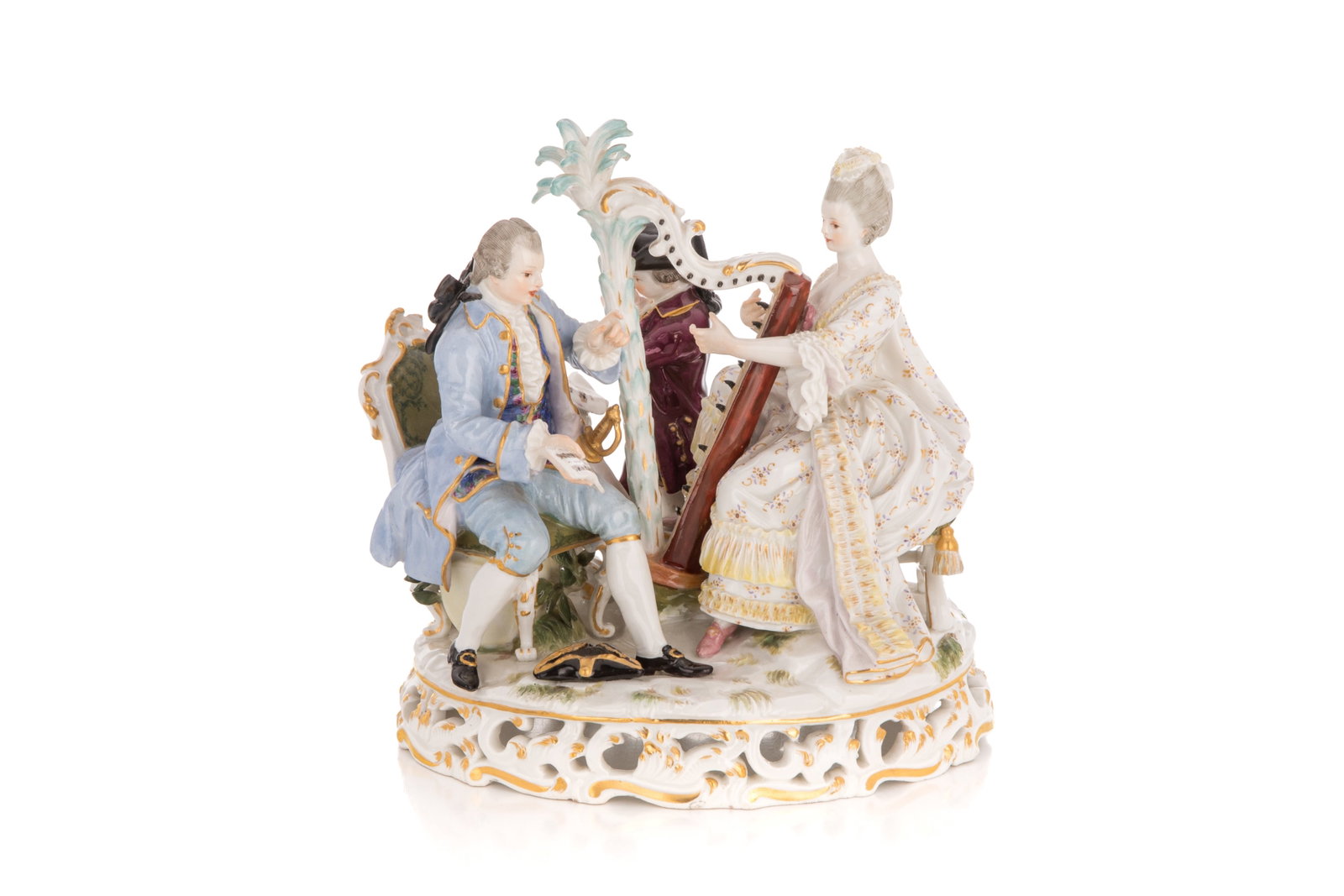 MEISSEN PORCELAIN FIGURAL GROUP: featuring harp and flute musical instruments. The composition features a classic Rococo Revival courtly music scene, rendered in hard-paste glazed porcelain. The piece emphasizes highly stylized poses