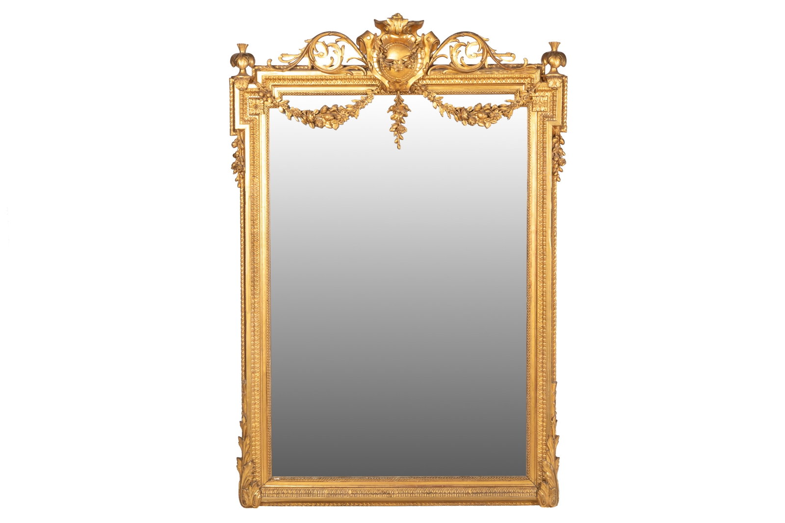 ANTIQUE CARVED & GILDED WOOD FRENCH MIRROR: Neoclassical frame with medallion top and gilded drop swags, French, 19th C. H 60in x W 39in