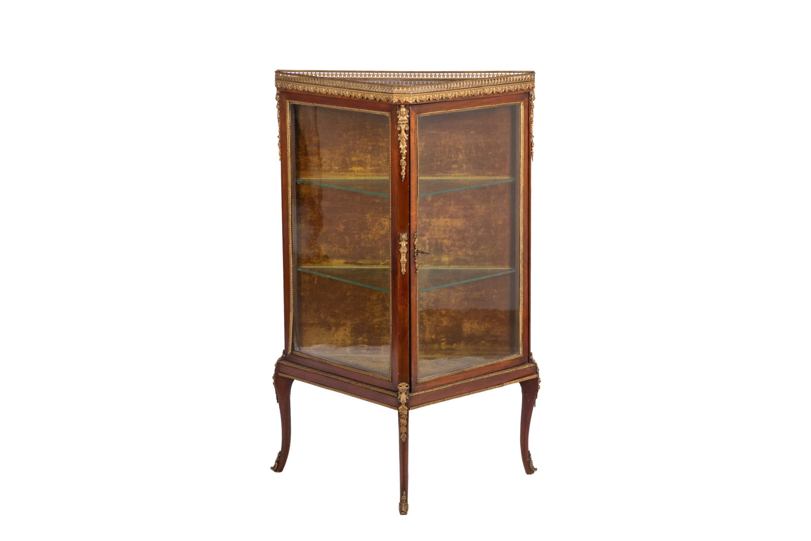 ANTIQUE FRENCH CORNER VITRINE: Glazed corner cabinet with bronze mounts, glazed shelves, door and marble top, French, early 20th C. H 41 1/2in x W 26in x D 12 1/2in