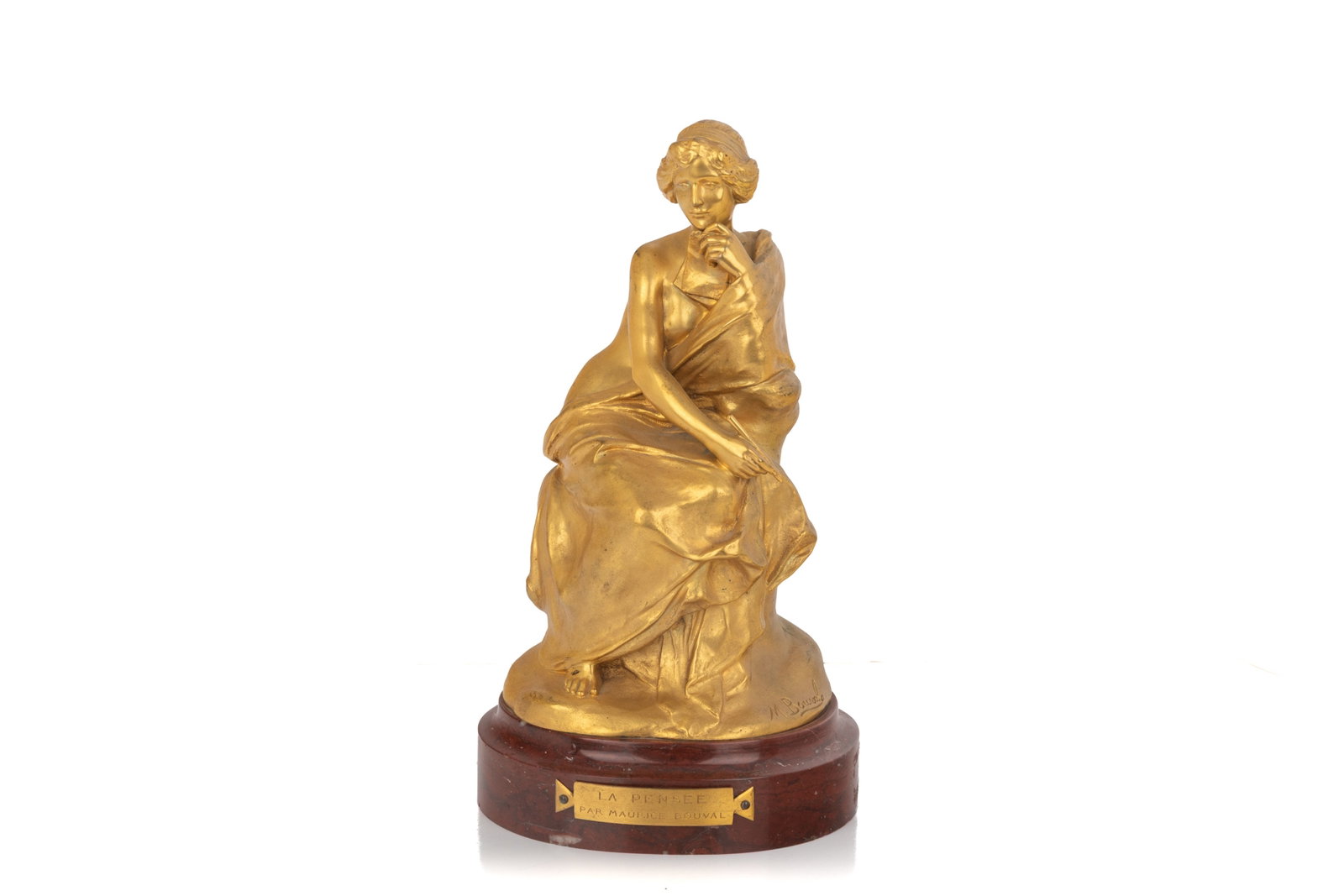 MAURICE BOUVAL (French 1863-1916): La Pensee (c. 1905) Gilded Bronze on red marble base. H 11in