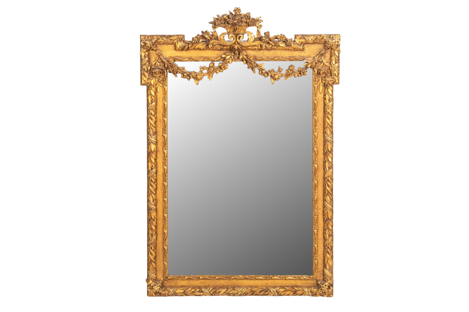 ANTIQUE FRENCH LOUIS XVI CARVED GILTWOOD MIRROR: Framed with wrapped mistletoe, floral swags and basket finial, French, 19th C. H 44in x L 30in
