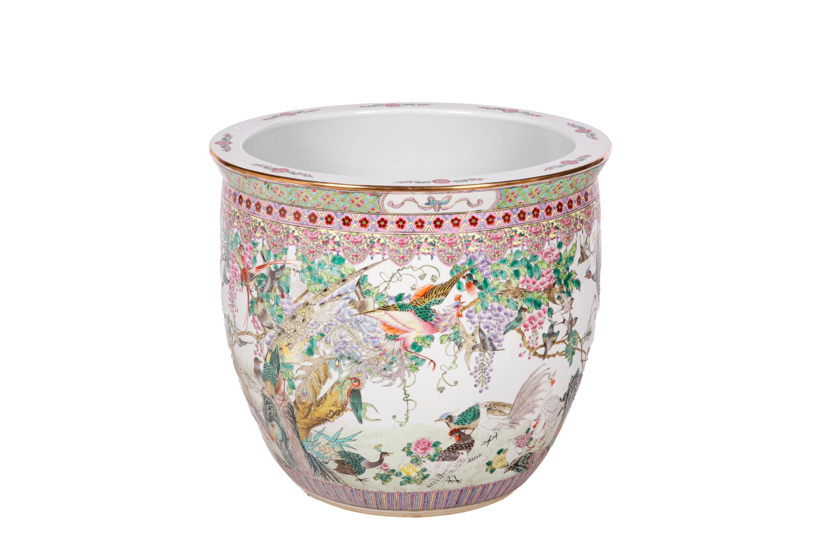 LARGE CHINESE FAMILLE ROSE PORCELAIN PLANTER: Enamel painted with blossoms and birds throughout. H 18in x Dia 20 3/4in