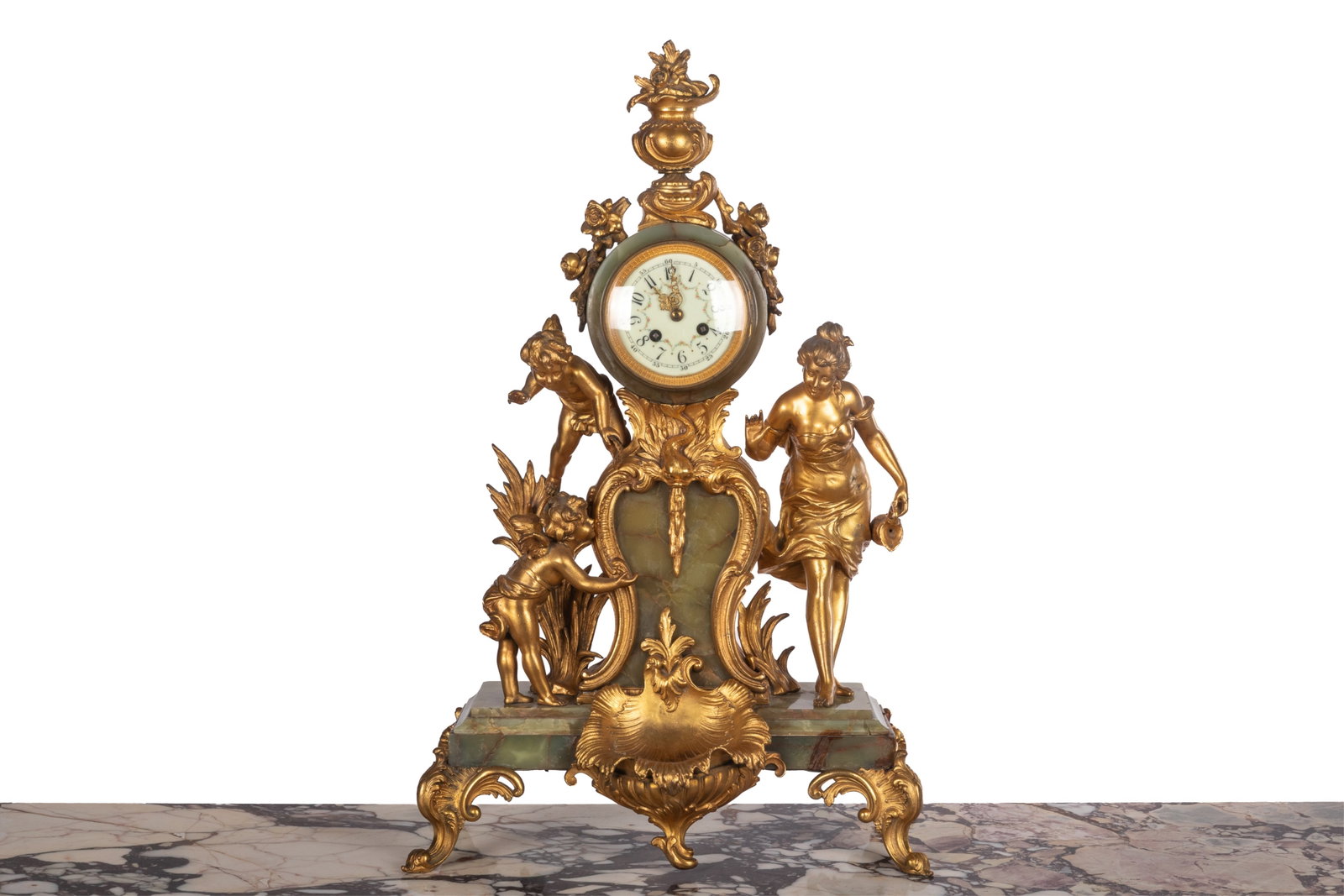 LARGE FRENCH BRONZE & GREEN ONYX MANTLE CLOCK: Art Nouveau with figures amongst the bullrushes. Movement Medalle D'Argent L Marti et Cie, 1889 H 27in x W 16in x D 8in