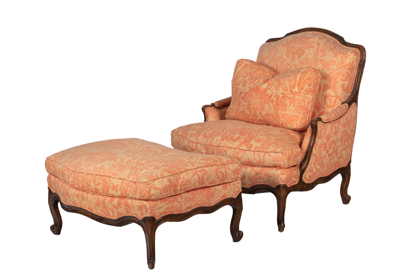 UPHOLSTERED BREGERE CHAIR AND OTTOMAN: Made by Yale R. Burge Antiques & Reproductions. Chair: H 39in x W 33in x D 33in Ottoman: H 16in x W 33in x D 24in