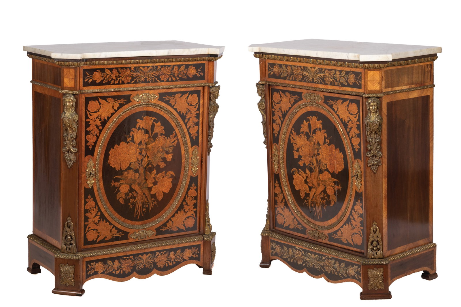 PAIR OF FRENCH BELLE EPOQUE SIDE CABINETS: Ormolu mounted marquetry cabinets with white marble tops and fitted shelved interior. H 43in x W 34in x D 16in