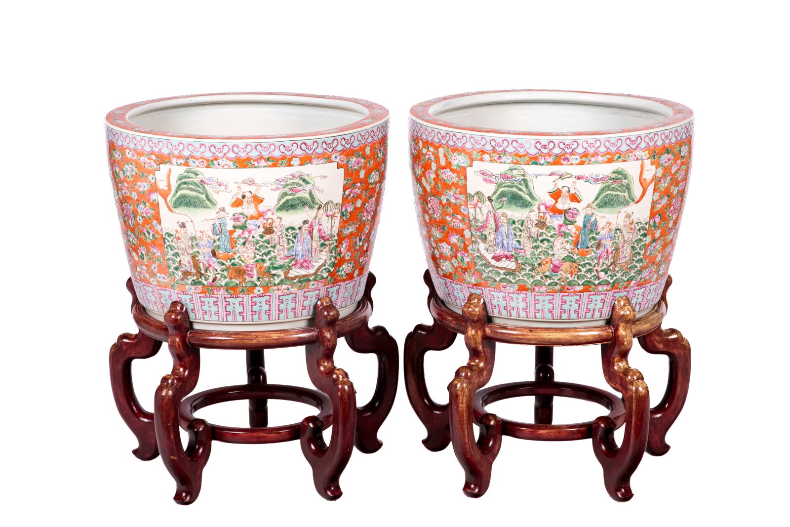 LARGE PAIR CHINESE FAMILLE ROSE PORCELAIN PLANTERS: Dia. 20 5/8in x H. 14 1/8in (52.3cm x 36.8cm) H. with stand 26 3/4in (67.8cm)