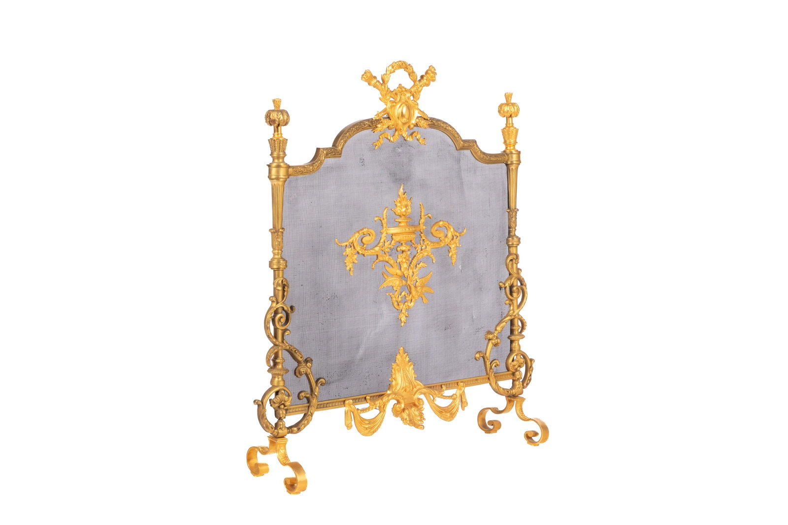 FRENCH LOUIS XVI BRONZE FIRE SCREEN: Ormolu gilt bronze Rococo screen, French, 19th C. Screen: H 35in x W 29in