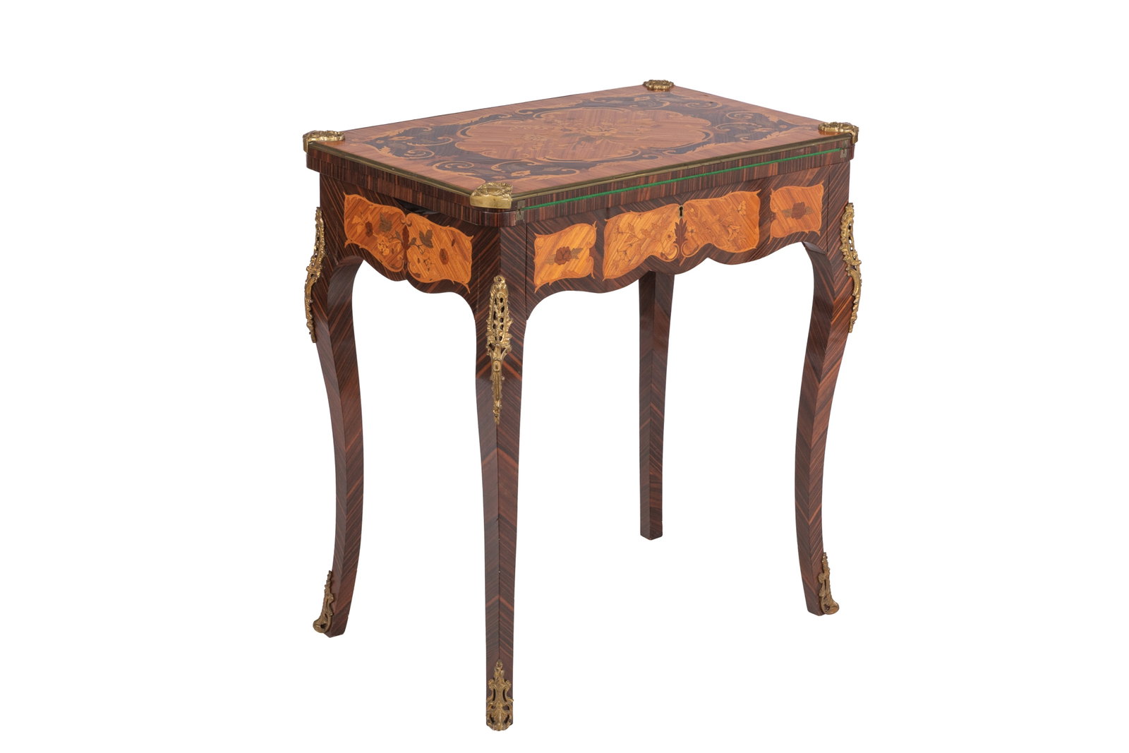 LADY'S ANTIQUE FRENCH PEDRUSE VANITY TABLE: Rosewood veneer with parquetry inlay, bronze mount, opens to compartments and a vanity mirror. H 30in x W 28in x 17 1/2in