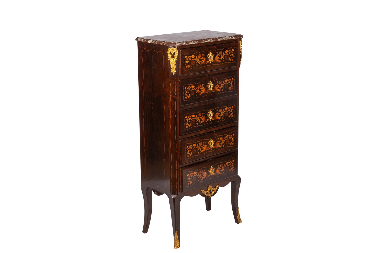FRENCH MARBLE TOP MULTI-DRAWER LINGERIE CHEST: Five drawer tall chest with mixed floral inlay, gilt bronze mounts and verigated pink marble top, French, late 19th / early 20th C. H 53in x W 24in x D 15in