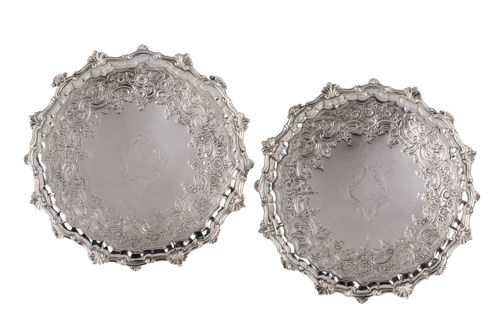 PAIR OF GEORGE II ENGLISH SILVER SALVERS, 2,600g (1 of 5)