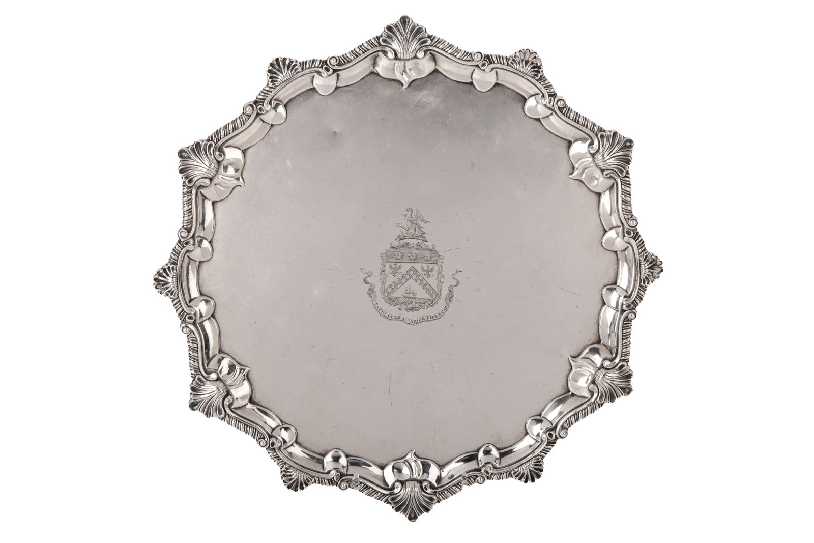GEORGE III ENGLISH SILVER FOOTED SALVER, 1,020g (1 of 4)