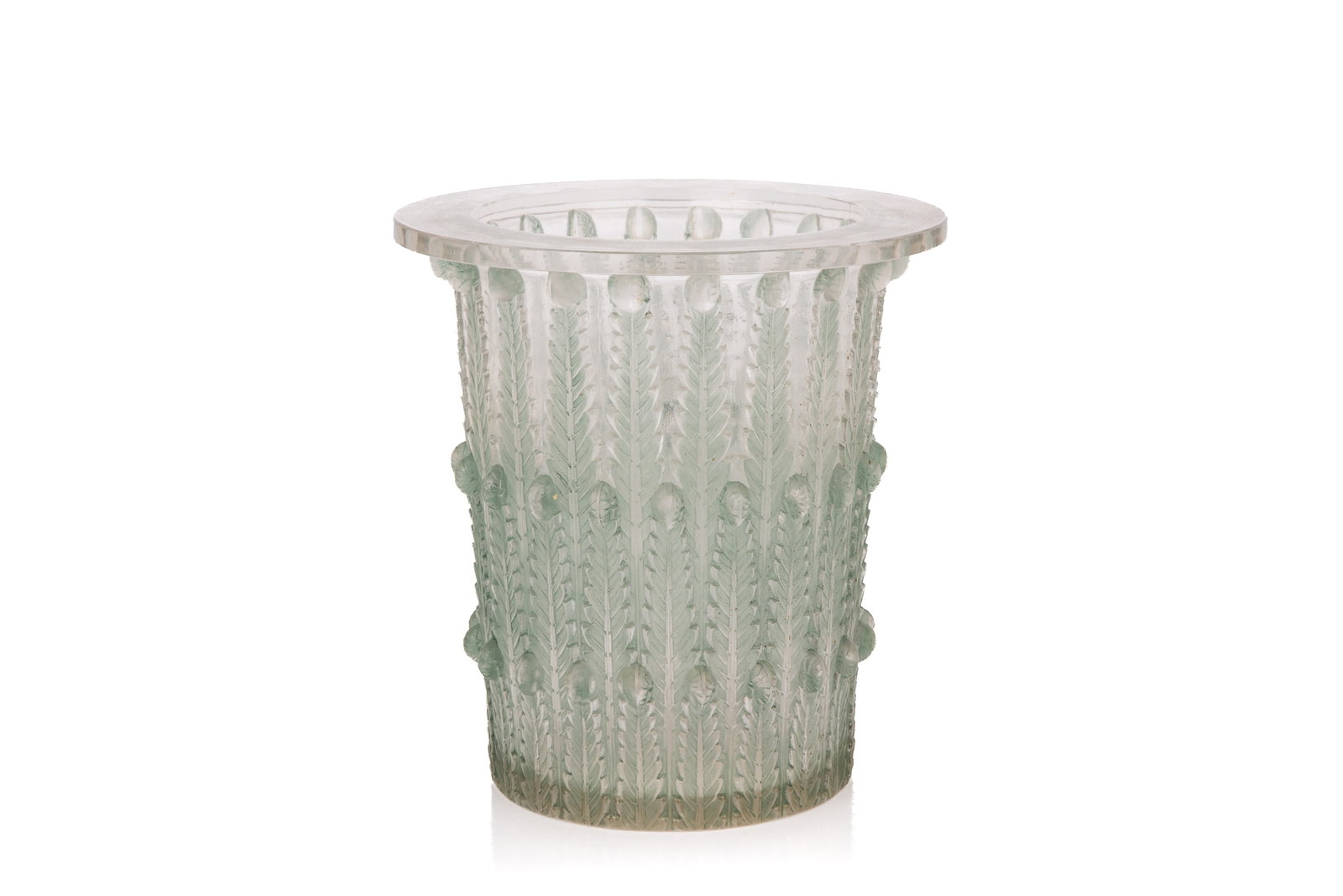 RENE LALIQUE FOUGERES ICE BUCKET no. 3701: Rene Lalique "Fougeres" ice bucket, featuring a molded fern leaf motif and a distinct rim with green staining. The artist's name is signed on the bottom, model 3701, designed in 1924. H. 9in x W. 8 1/