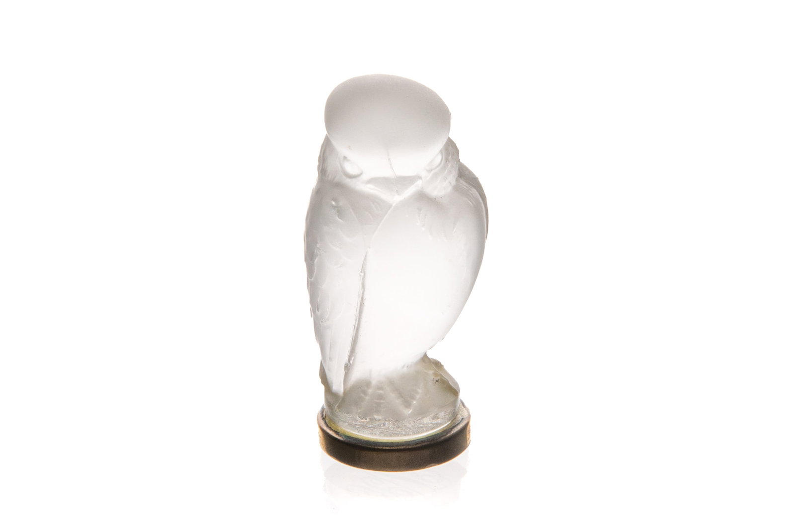 A LALIQUE GLASS & SILVER-MOUNTED DESK SEAL: Frosted glass owl, signed Lalique France to the side of the base, fitted with a silver seal mount marked SHREVE & CO. STERLING to the side. H. 2 1/8in (5.5cm)
