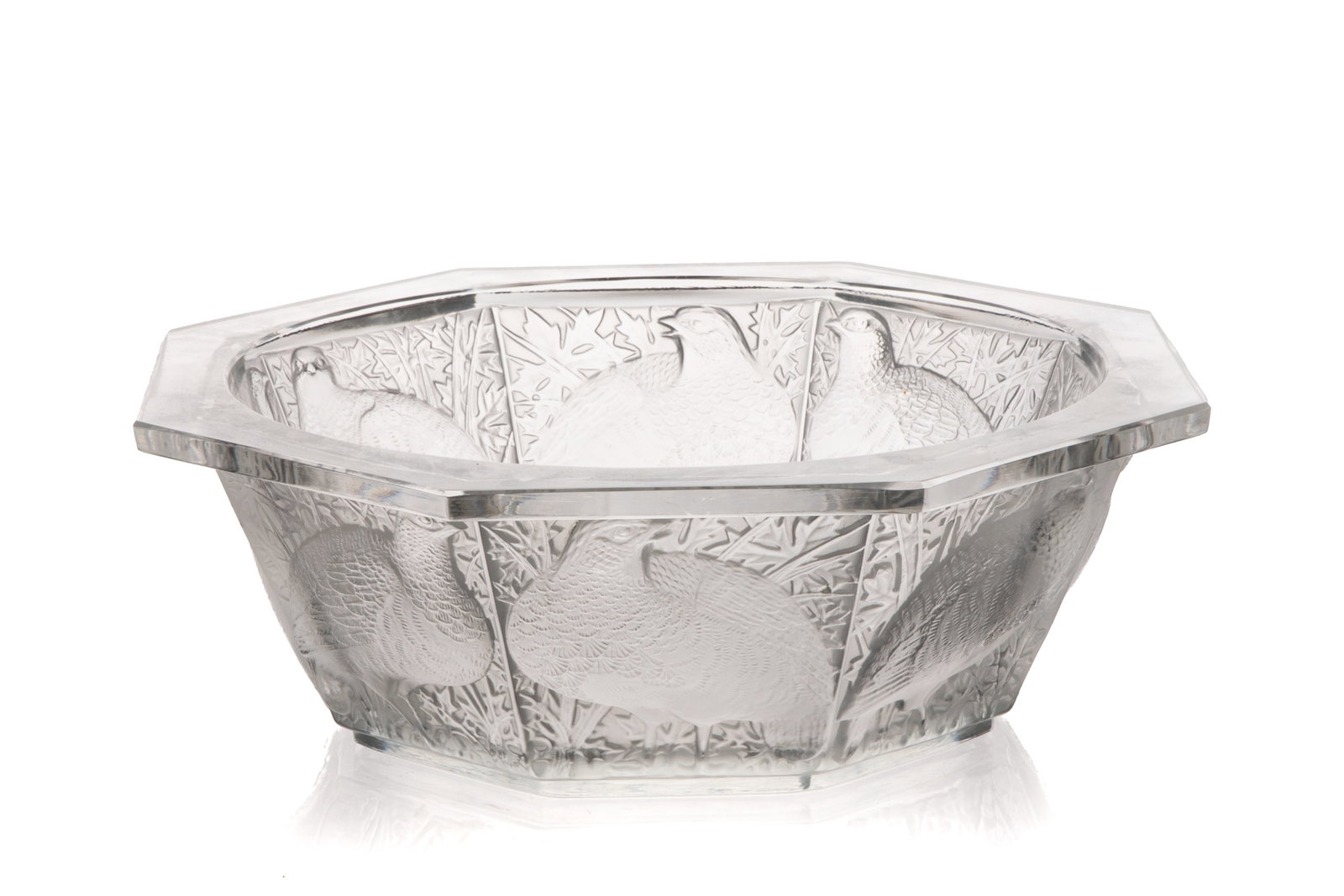 LALIQUE "CAILLE" FROSTED OCTAGONAL GLASS BOWL: 20th Century. Repeated band of quails in relief, signed Lalique France to the underside. H. 3 7/8in x W. 11 5/8in (10cm x 29.4cm)