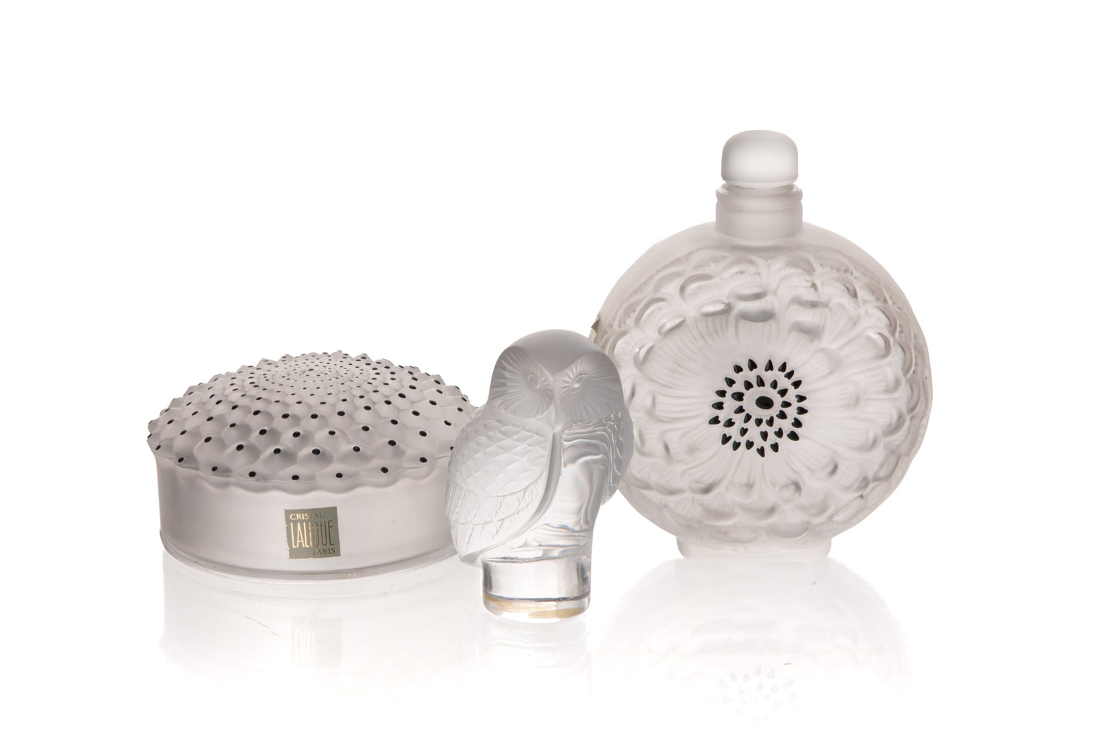 THREE PCS OF FROSTED LALIQUE GLASS: Dahlia scent bottle and vanity box. H. 5 1/4in (13.2cm) Lidded jar Dia. 4 1/4in (10.6cm)