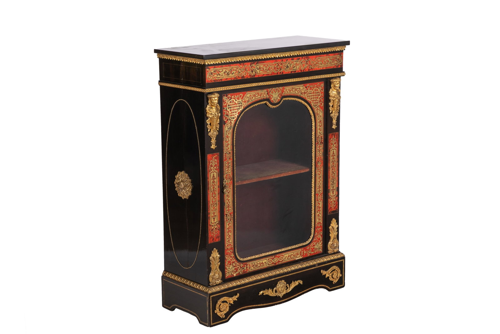 VICTORIAN BOULLE CABINET: Ebonized black cabinet with boulle and brass inlay, bronze mounts, wood shelved interior, 19th C. H 44 1/2in x W 31 1/2in x D 13in