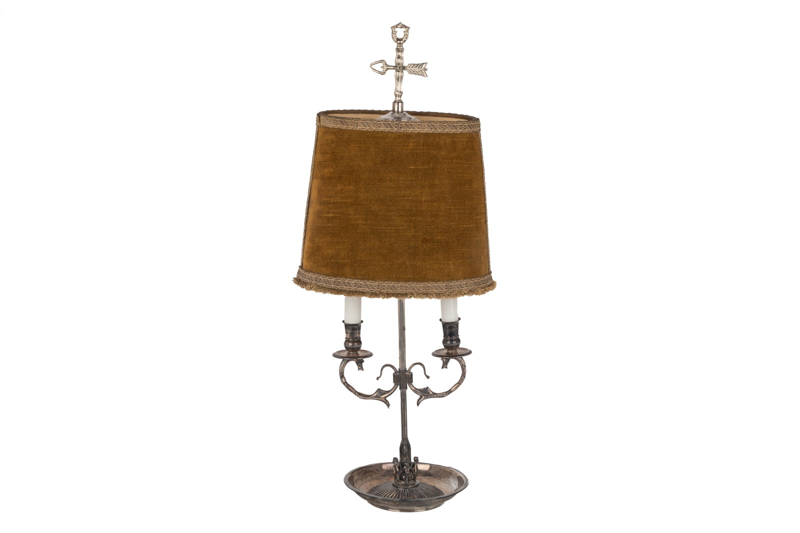 SPANISH SILVER CANDLESTICK LAMP: Spanish silver candlestick base adapted as a lamp, with metal rod fittings; stamped F. VALENTI with the Spanish hallmark to the base. To bottom of lampshade H. 11 7/8in (30.2cm) To top of lampshade