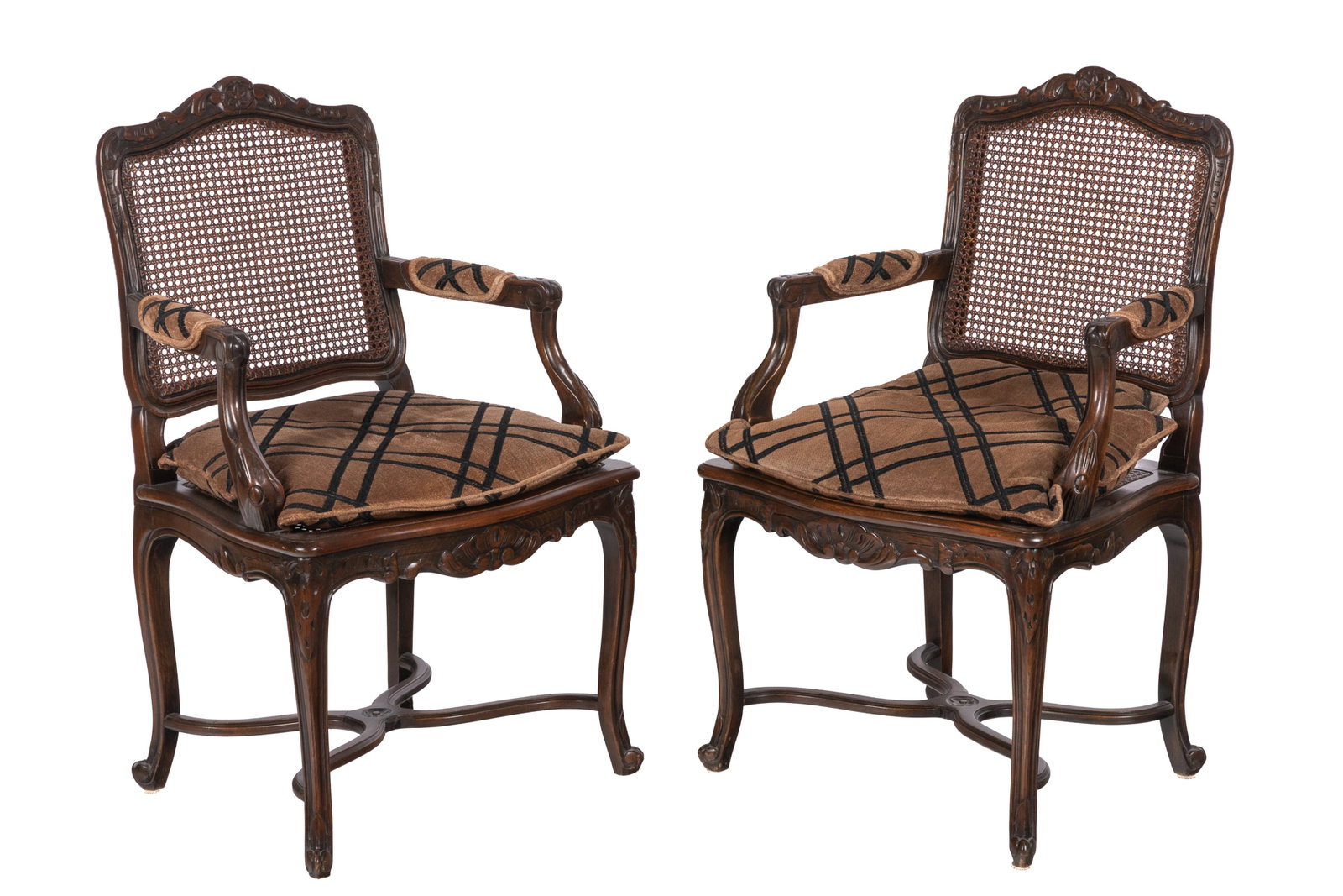 PAIR OF FRENCH CANED ARMCHAIRS: Caned back and seat with upholstered arm rests. H 37in x W 23in x D 19in