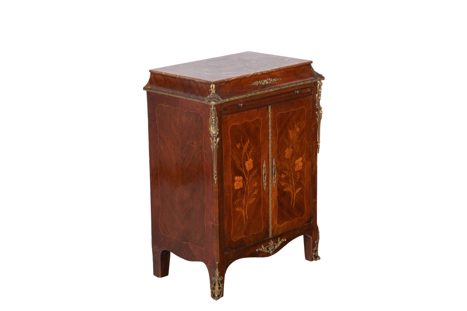 FRENCH MARBLE TOP SMALL SERVER: Fruitwood chevron veneer with bronze mounts and marble top. Two doors open to shelves, beneath a leather topped slide. French, late 19th / early 20th C. H 28in x W 20 1/2in x D 13in