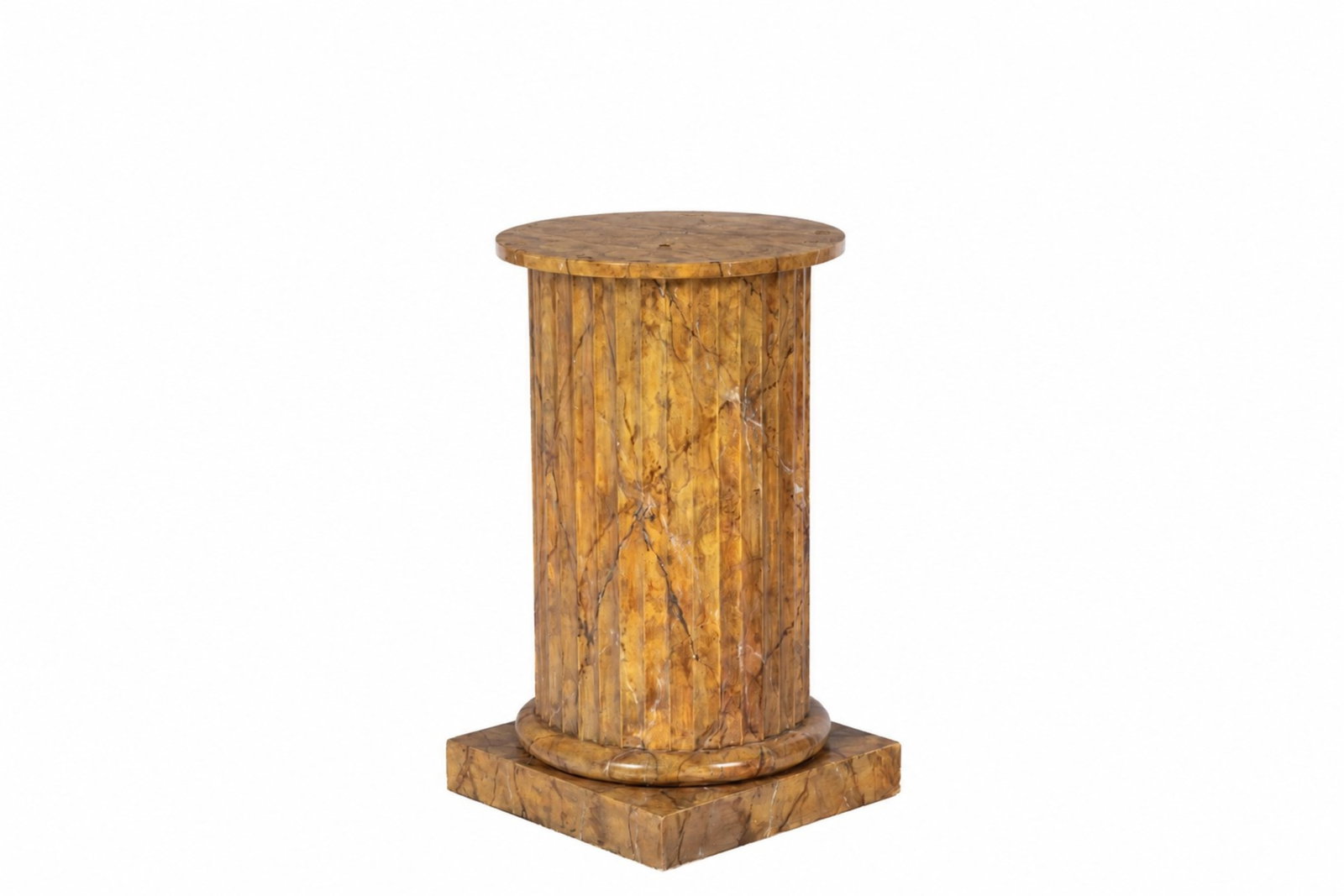 FAUX YELLOW MARBLE PAINTED COLUMN PEDESTAL: With circular glass top to convert to a dining table. H 31in x Dia 48in