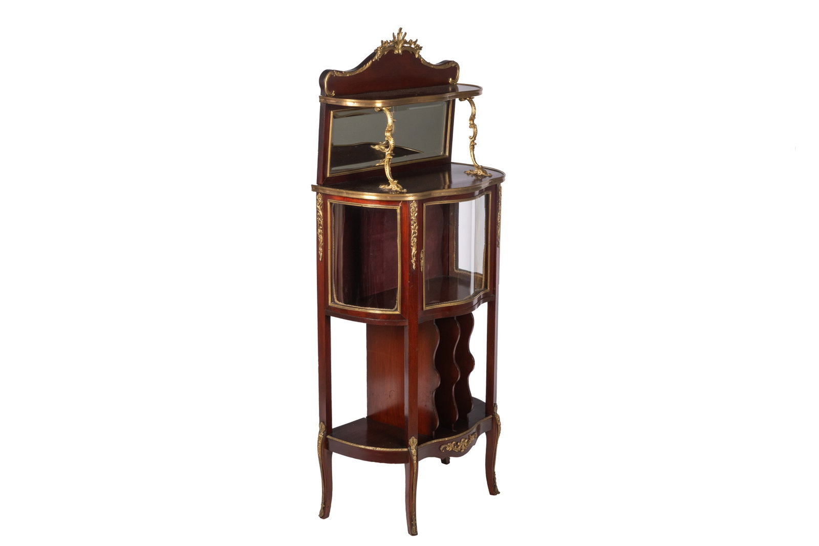 FRENCH BRONZE MOUNTED VITRINE: Glazed rounded panels above a slotted music stand, decorative bronze mounts and mirrored back. H 62in x W 25in x D 14in