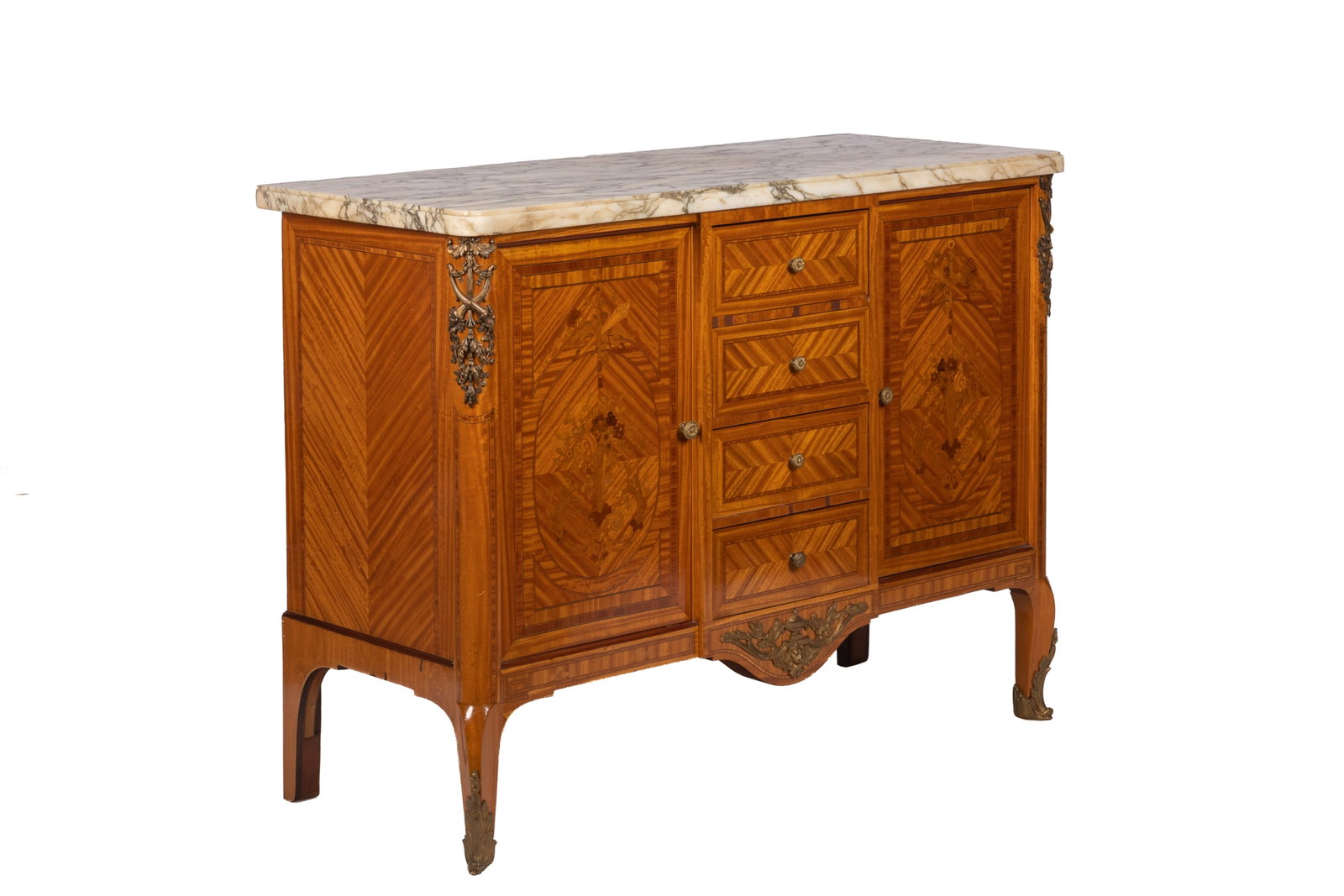 FRENCH SATINWOOD MARBLE TOP COMMODE: Chevron bookmatched veneer with bronze mounts and marble top, French, late 19th / early 20th C. H 35 1/2in x W 47 1/2in x D 18 1/2in