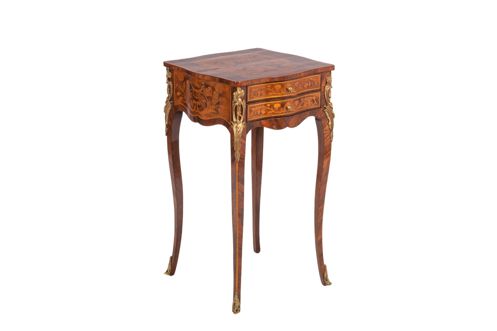 FRENCH LOUIS XV STYLE WITH FLORAL MARQUETRY INLAY: French, 19th C or earlier. H 30 1/2in x W 16 1/2in x D 16 1/2in