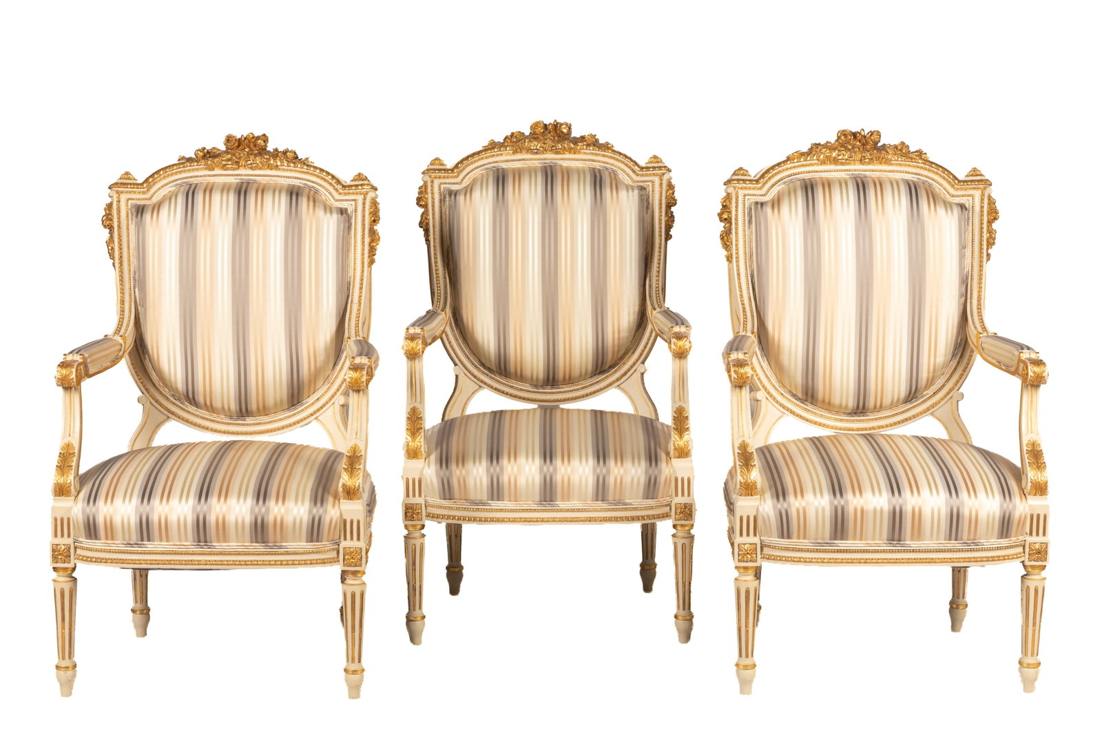 THREE FRENCH LOUIS XVI STYLE PAINTED ARMCHAIRS: Cream painted framed with gilded accents, striped silk upholstery. H 44in x W 26in x D 23in