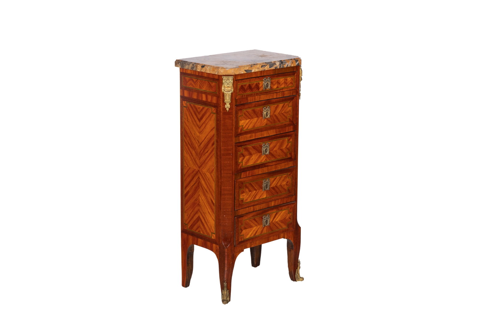 FRENCH MARBLE TOP SLENDER CHEST OF DRAWERS: Five drawers with bronze mounts and yellow marble top, late 19th C. Made in France stamped on the back. H 33in x W 15 1/2in x D 10 1/4in