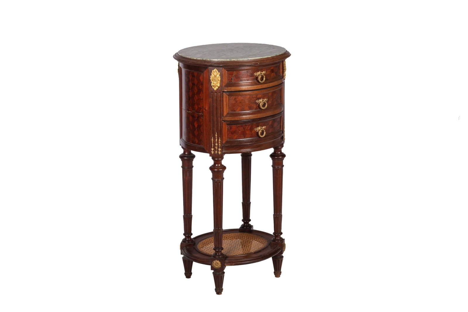 FRENCH MARBLE TOP CIRCULAR SIDE TABLE: Three drawers, green marble top and gilt bronze mounts, parquetry decoration throughout. H 35in x Dia 16in