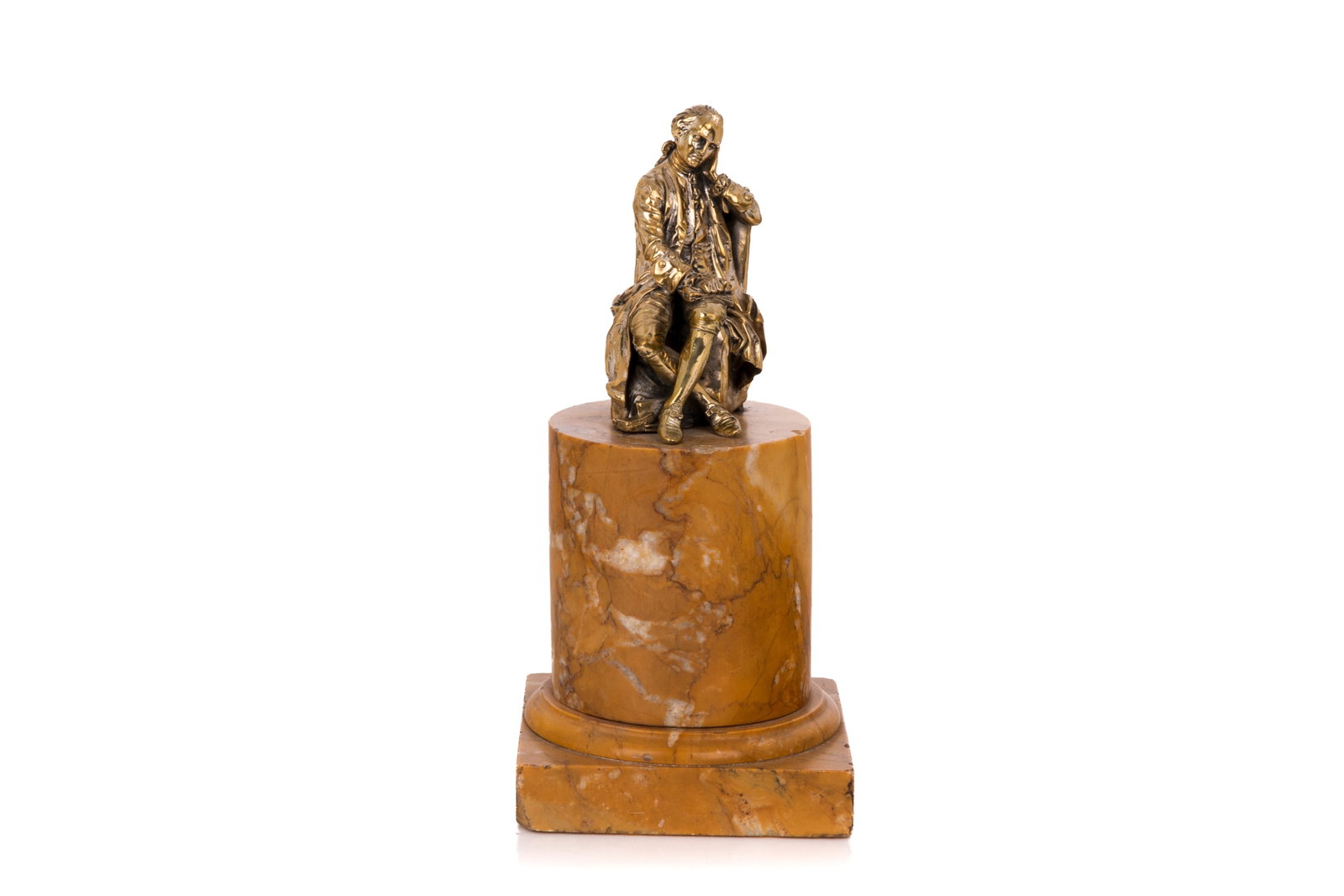 ETIENNE MARIN MELINGUE (French 1807-1875): bronze sculpture depicting a man reading, mounted on a marble base. The sculpture is engraved with "MALFILATRE" and "Mclingue 1852." H. 8 3/4in x W. 4in (22.5cm x 10.5cm)