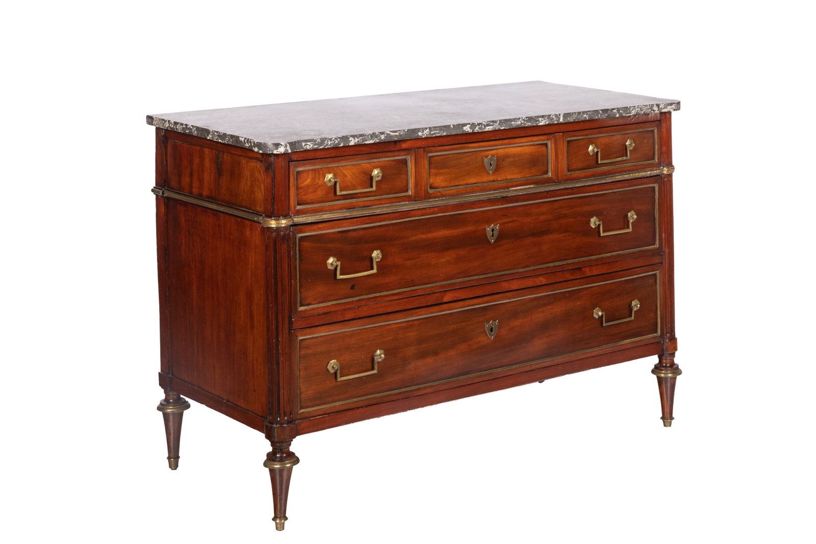 FRENCH MAHOGANY THREE DRAWER CHEST: With brass banding and pulls, verigated black marble top, French, 19th C. H 34in x W 48in x D 21 1/2in