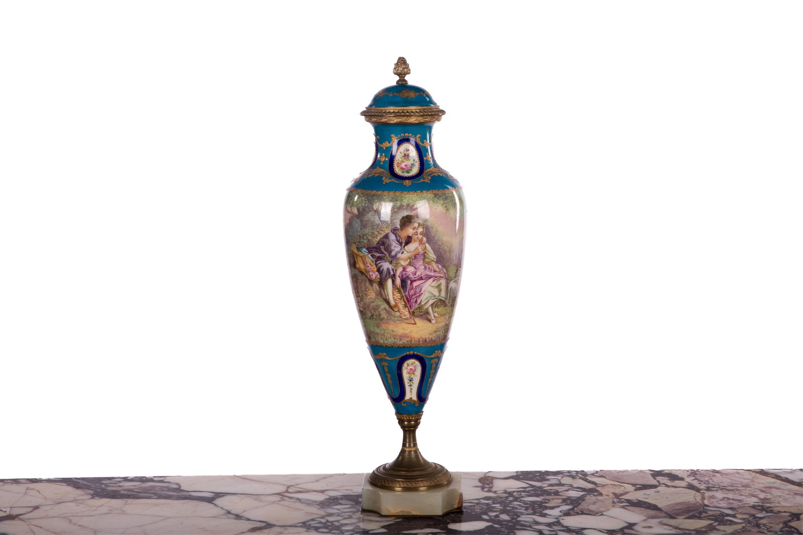 FRENCH PORCELAIN COVERED URN: French Sevres-style porcelain vase featuring vibrant turquoise cobalt blue ground, intricate gilt bronze mounts, and a hand-painted scene. The lid and mount are detached. The artist's name is signed. 