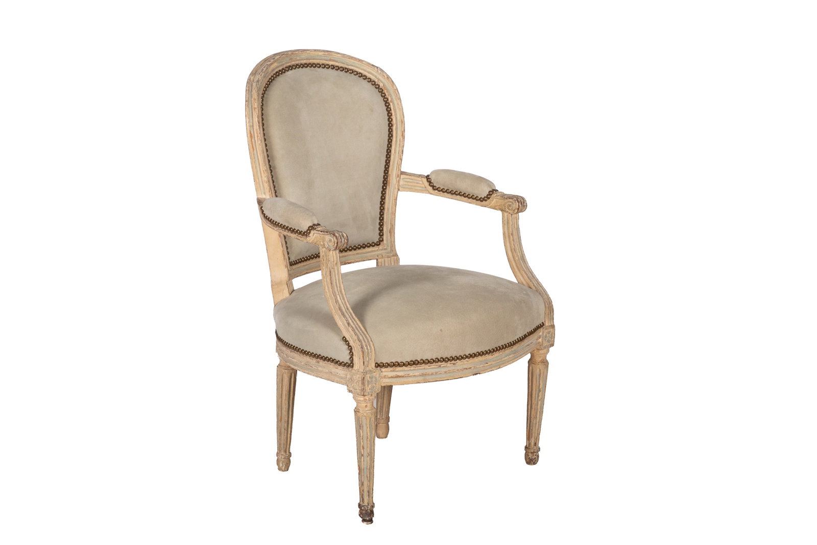 18th C MANTGOLFIERE BACKED ARMCHAIR: Reminants of paint with modern upholstery and studding, French or Gustavian, 18th C. H 36in x W 23in x D 21in