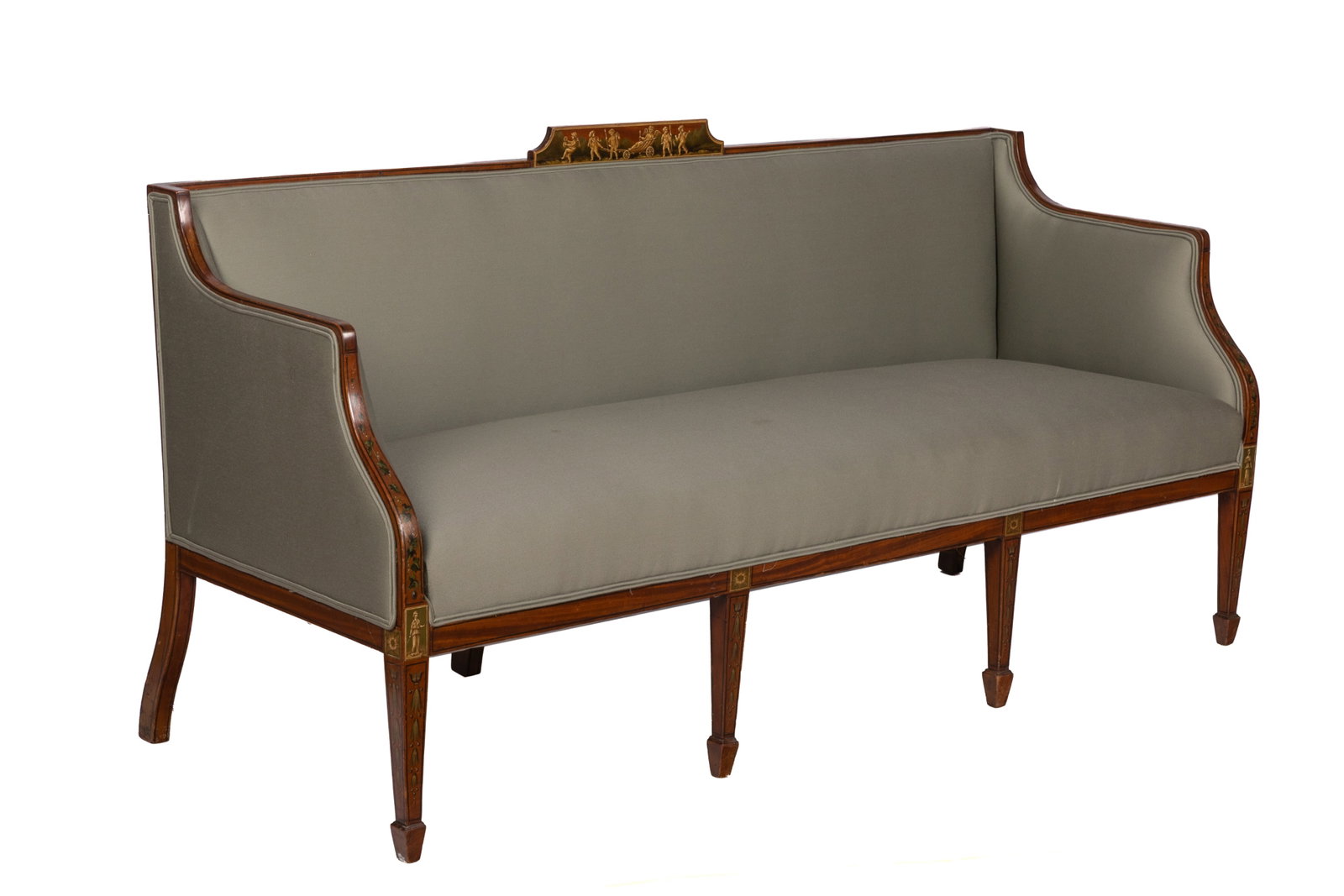 EDWARDIAN SATINWOOD PAINTED SETTEE: Federal form with straight back and sides beautifully painted with a chariot of putti and Georgian medallions. H 33in x W 70 1/2in x D 26in