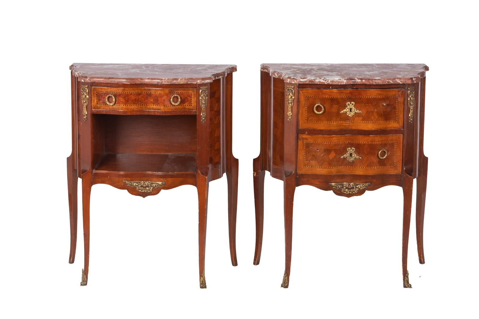 PAIR OF FRENCH LOUIS XV MARBLE TOP SIDE TABLES: Bombe fronts with pink marble tops, early 20th C. H 28 1/2in x W 23in x D 12in