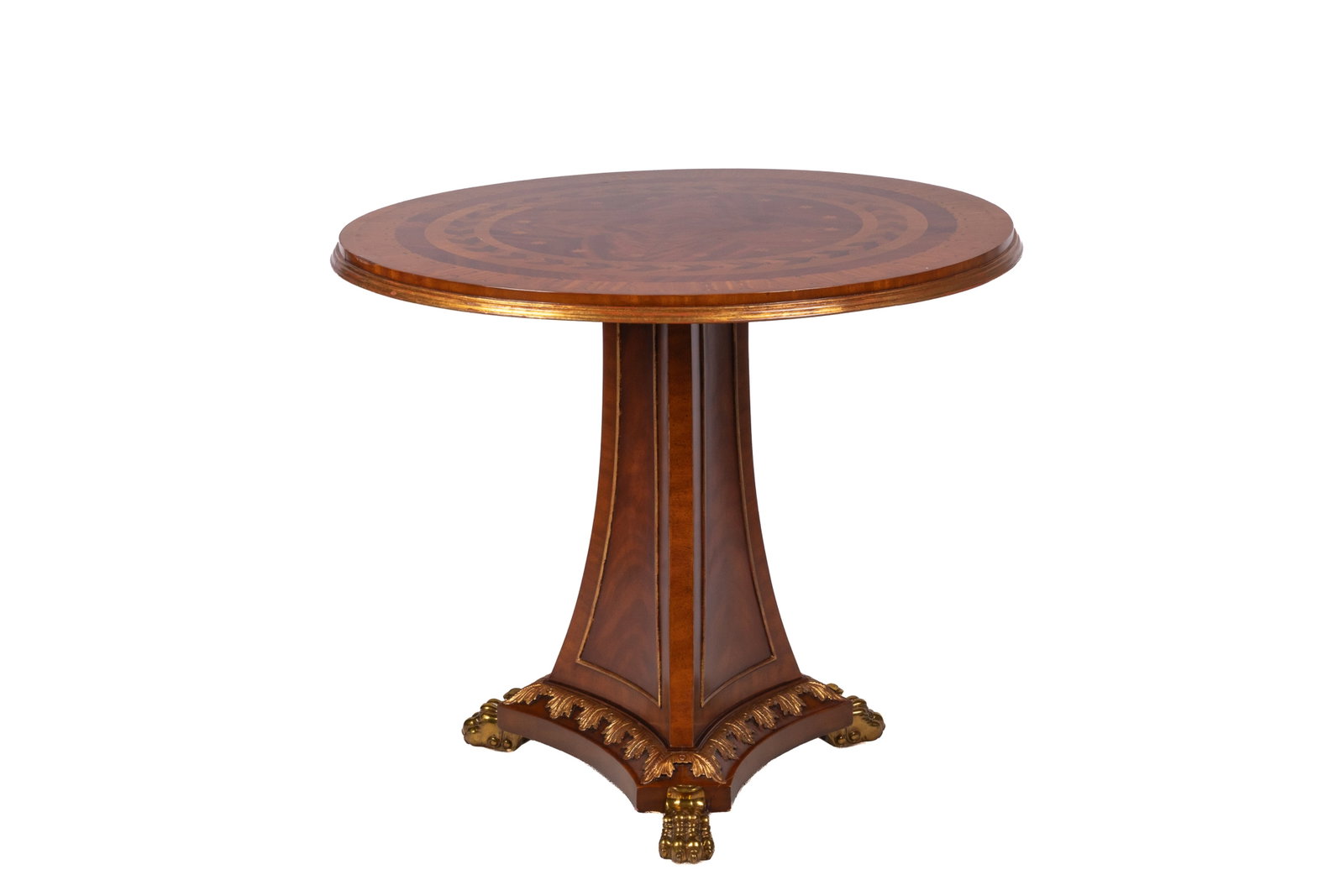 EMPIRE STYLE HALL TABLE: Attributed to Maitland Smith, circular top with mixed inlay, gilded details, raised on bronze claw feet. H 30 1/2in x Dia 35in