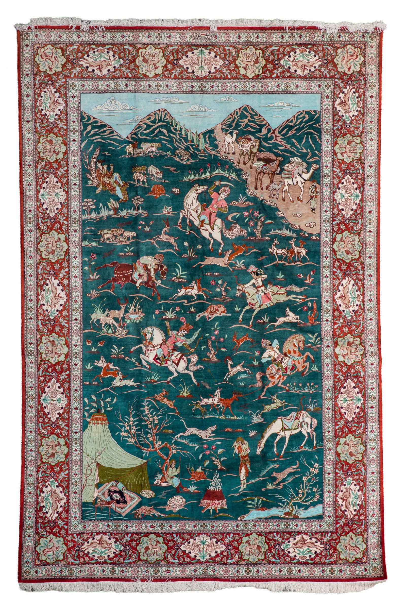 PERSIAN QOM SILK HUNTING SCENE RUG: Classic Shekargah (hunting scene) from MOSTAFA ZADEH workshop in QOM 10ft x 6ft 5in