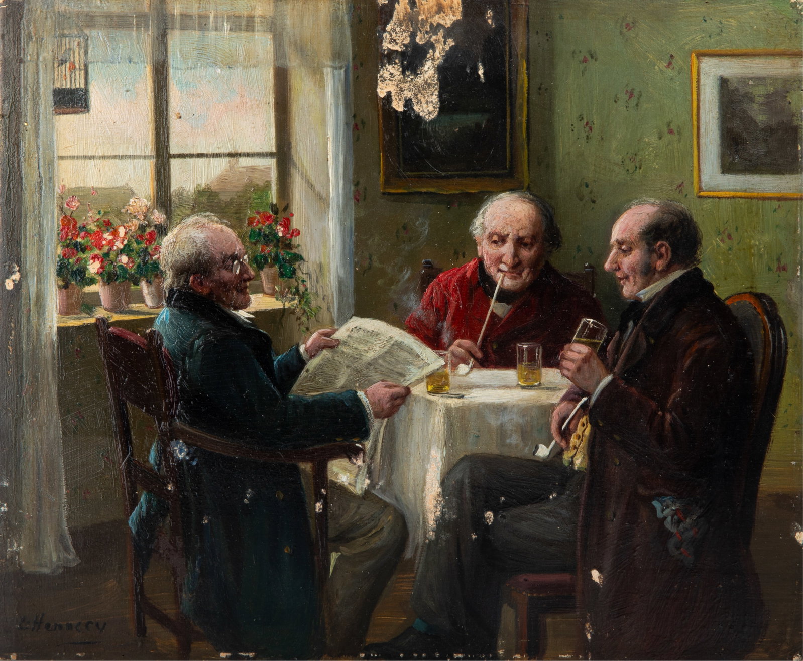 FRENCH SCHOOL (19th C): The News Oil on board Signed "L. Hennecy" bottom left H. 10 1/4" x W. 12 1/2"