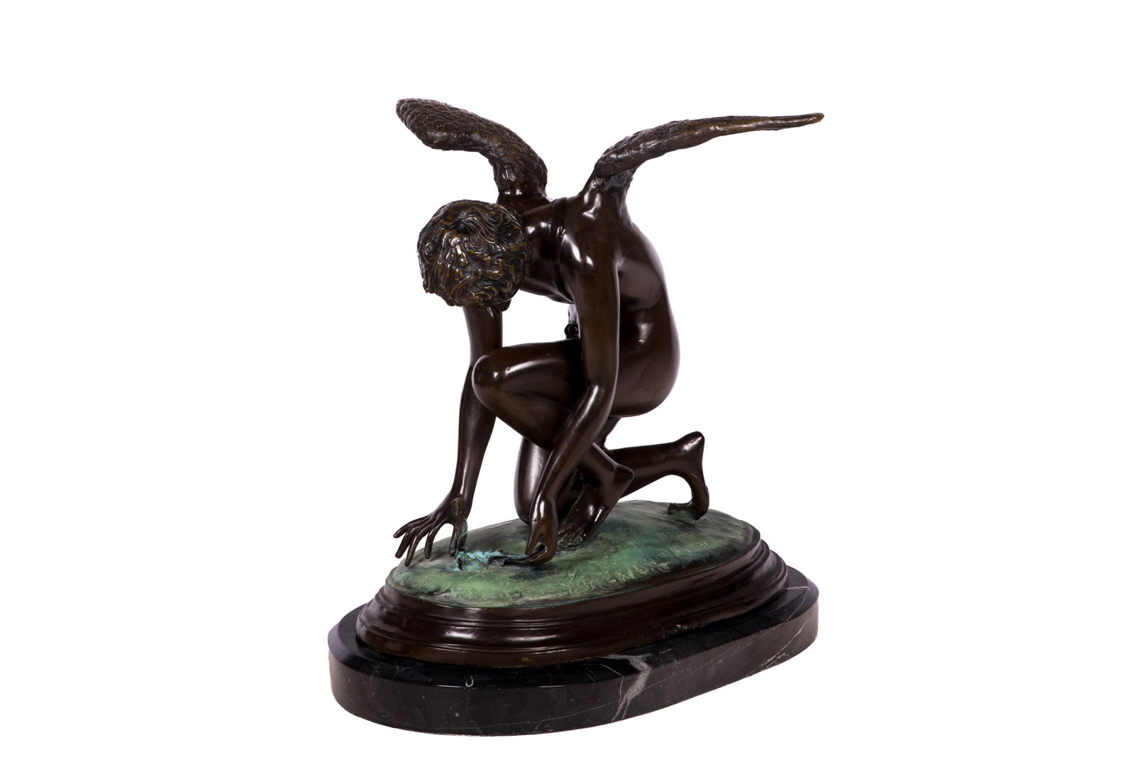 AFTER JEAN ANTOINE INJALBERT (French, 1845-1933): Kneeling Putti (1890) Bronze Signed and dated by feet H 22in x L 22in