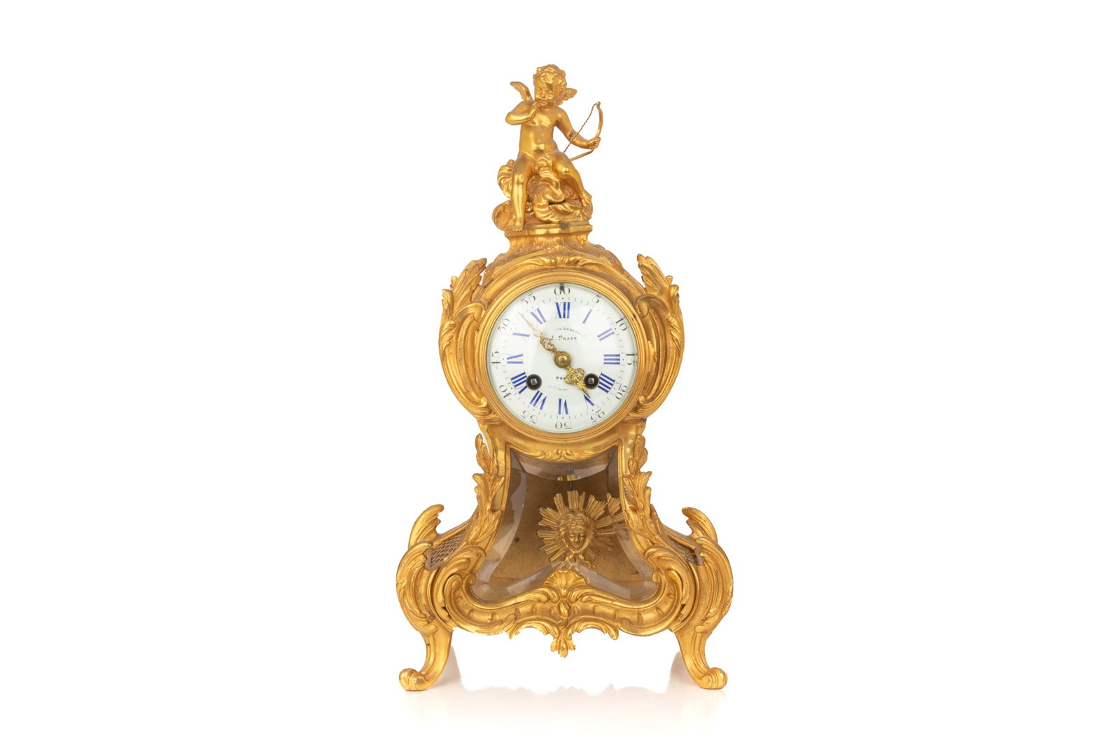 NAPOLEAON III FRENCH BRONZE CLOCK: Enamel dial marked D.J. Pratt, beveled glass front raised on pad feet, French, 19th C. H 16 1/2in x W 9in x D 5in