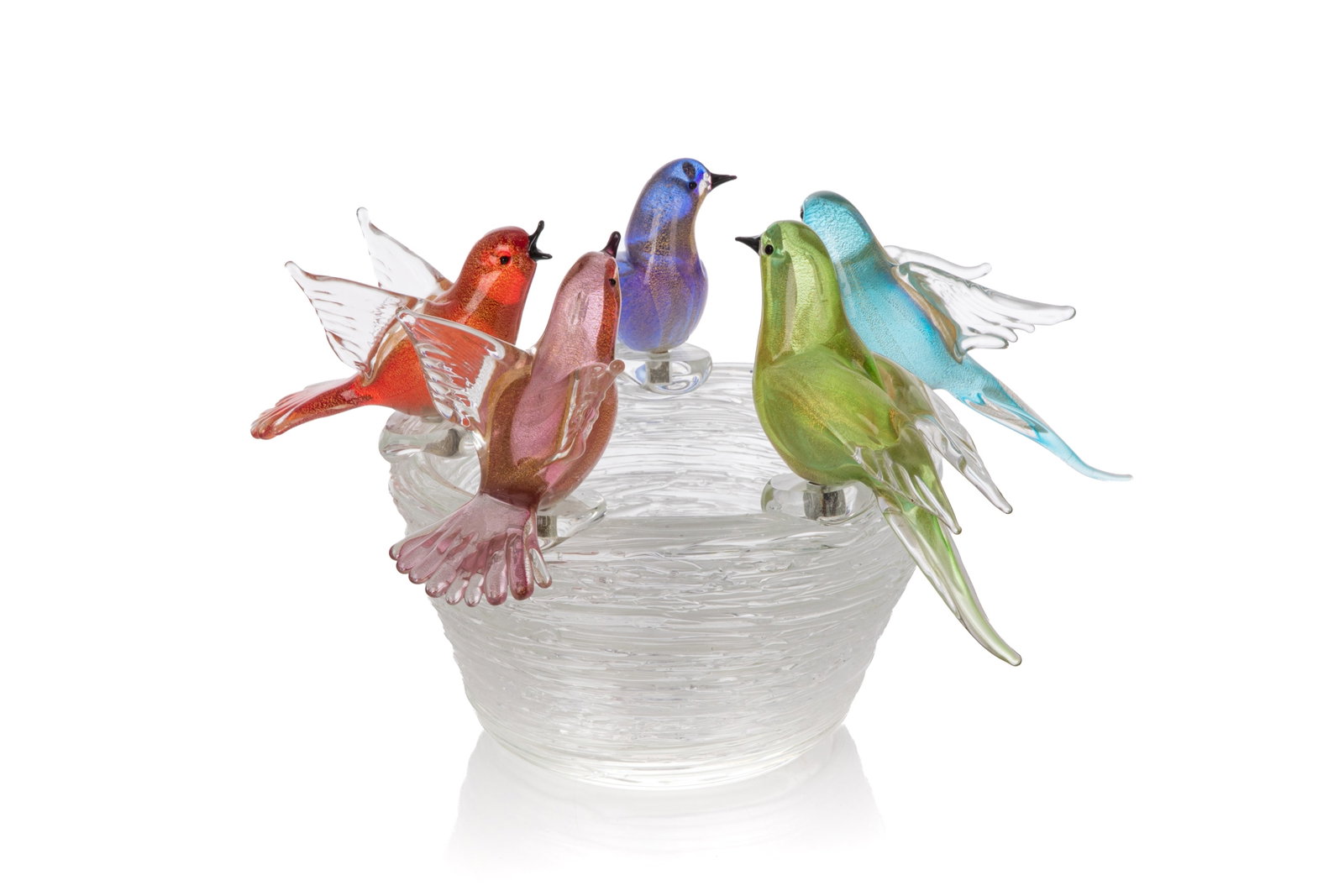 VINTAGE MURANO GLASS BIRDS CENTREPIECE BOWL: Clear glass bowl with five mounts to hold each coloured bird with gold flecked inclusions. Bowl: H 5in x Dia 8 1/2in With birds: H 8 1/2in