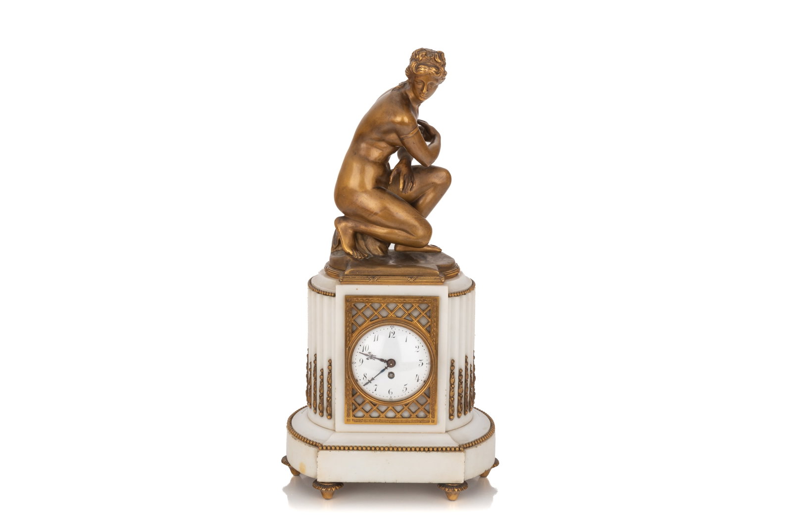 19th C GERMAN MARBLE & BRONZE CLOCK: Movement by Lenzkirch, no. 823496. A nude bronze figure seated atop a white marble column. Clock with a fuzee balance movement. H 18 1/4in x W 9in x D 7in