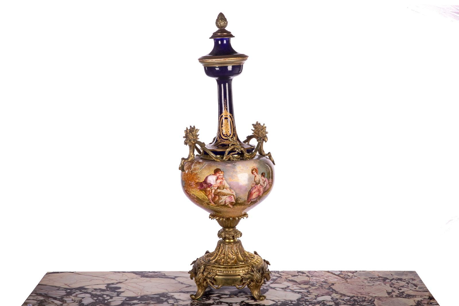 BRONZE MOUNTED FRENCH PORCELAIN URN: Urns with central bulbous body hand painted with figures, signed E. Carelle, cobalt blue neck and lid, bronze mounts, French, 19th C. H 37in