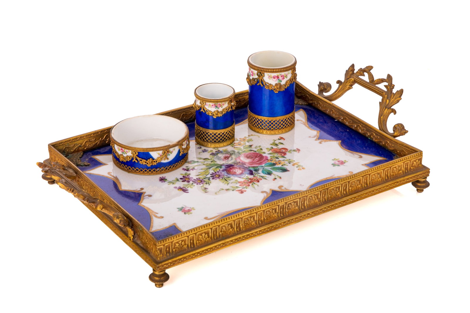 FRENCH BRONZE MOUNTED PORCELAIN TRAY SET: Blue porcelain tray with hand painted flowers and bronze mounts together with three graduated open vases, Sevres style mark. Tray H. 2 3/4in x W. 9 1/4in x L. 15in (8.5cm x 23.5cm x 38cm)