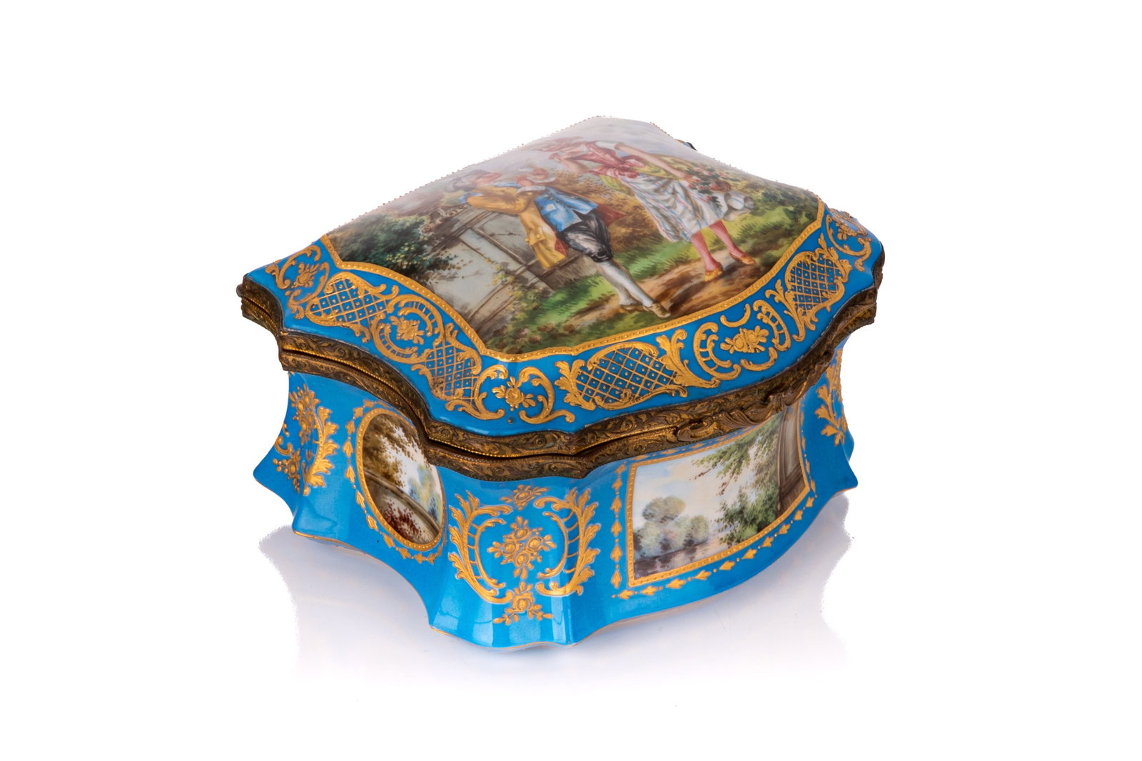 SEVRES-STYLE PORCELAIN CADDY: A fine porcelain caddy with bronze borders. Features a celestial-blue glaze, elaborate raised gilding, and hand-painted "gallant scene" of a romantic couple on the lid. Four sides also have hand-paint