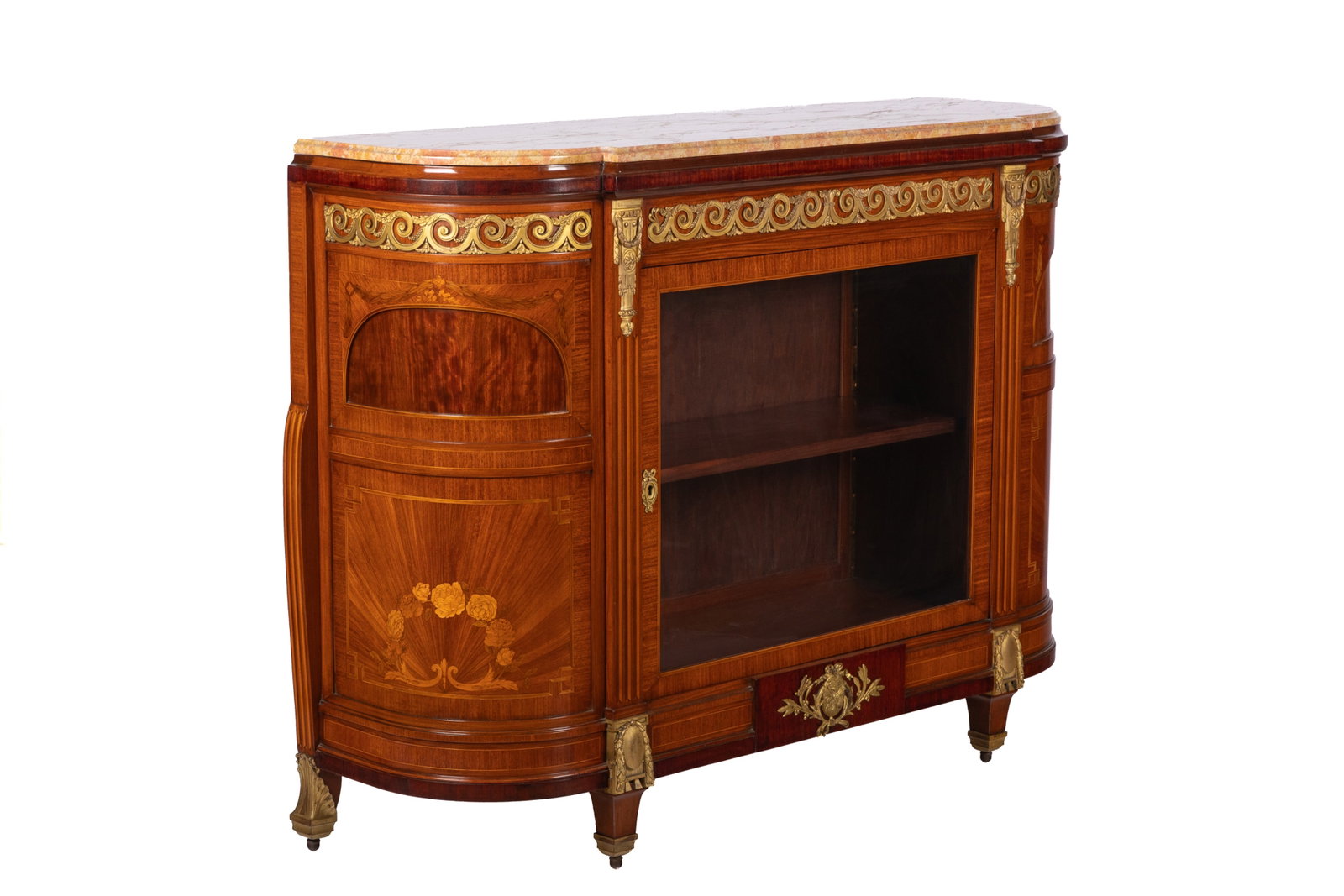 FRENCH LOUIS XVI BRONZE MOUNTED OPEN BUFFET: Rounded front with central glazed paneled door and ormolu mount, marble top. Some alterations done to the back of the cabinet noted. H 43in x W 57in x D 18in