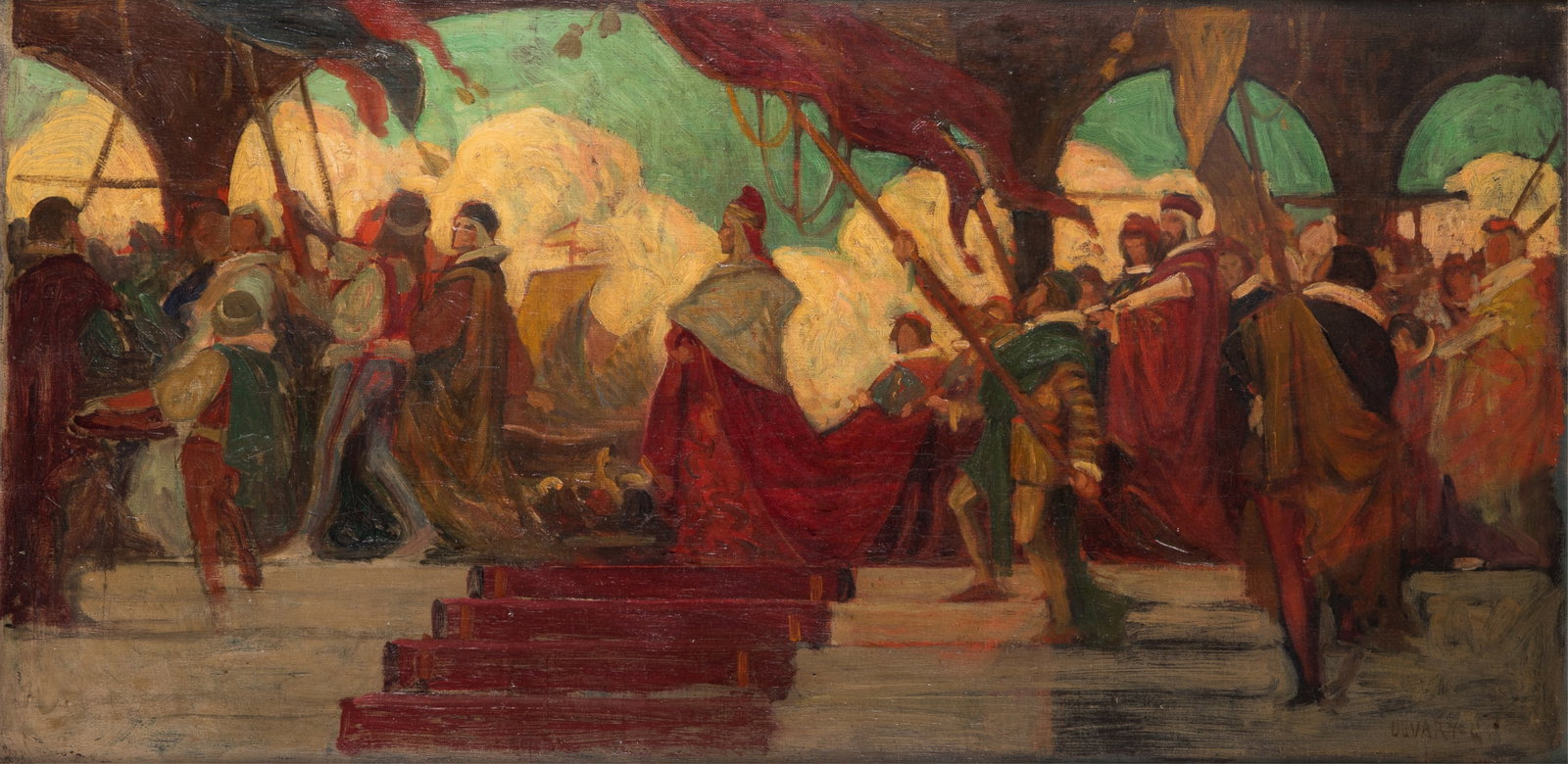 GEZA UDVARY (Hungarian, 1872-1932): Procession Oil on canvas Signed bottom right H. 20" x W. 39 1/2"