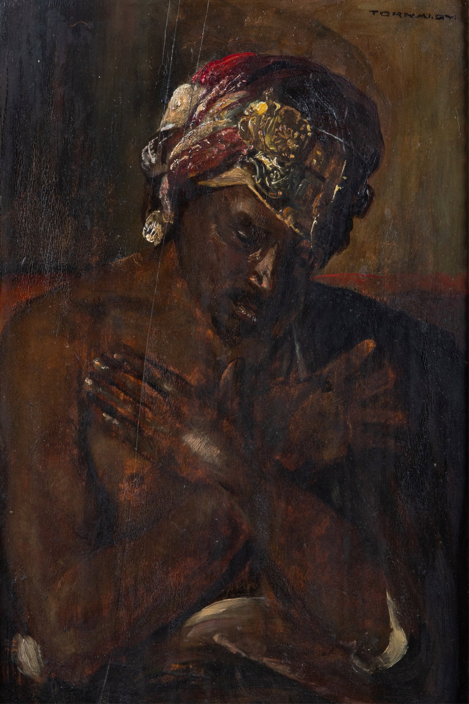 GYULA TORNAI (Hungarian, 1861-1928): Portrait of a North African man Oil on board Signed upper right H. 15" x W. 10"